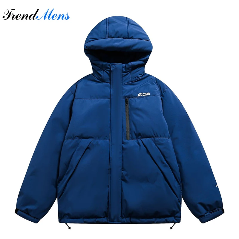 Casual Warm Hooded Down Jacket Japanese Retro Embroidery LOGO Zipper Pocket Solid color 90% White Duck Down Parka Men Winter