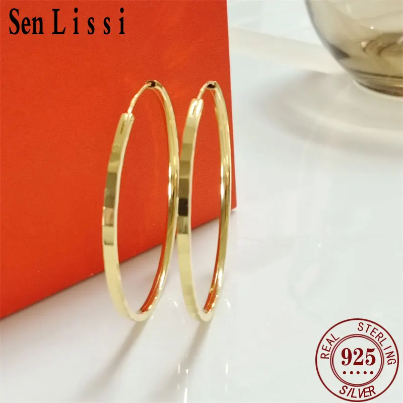 

Senlissi - New Fashion18K Gold Plated Hoop Earrings For Women 925 Sterling Silver 2.0mm Fashion Earring Cерьги Kольца 3/4/5/6CM