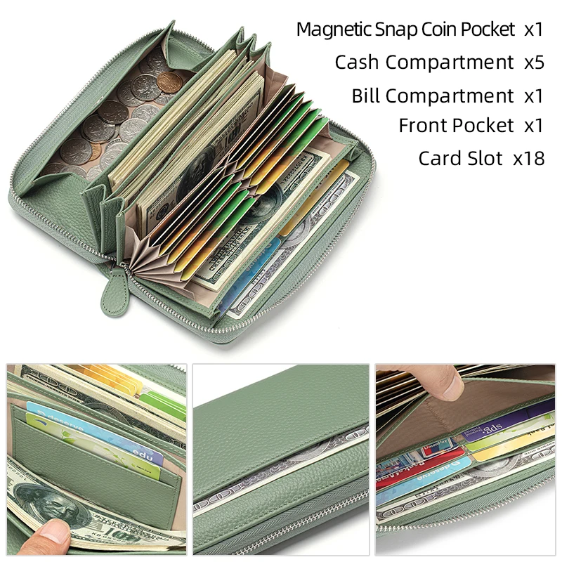 Women Genuine Leather Wallet RFID Blocking Zipper Fashion Large Capacity Credit Card Holder Wallets Long Purses 13 Colors