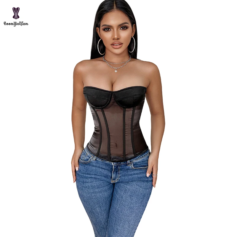 

S-xxxl Padded Cup Korset Women 10 Fish Boned Lingerie Bustier See Though Mesh Strapless Corset With Lacing Ribbon & G String