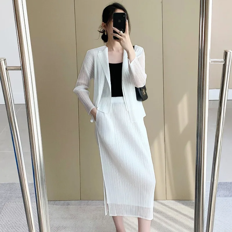 

Miyake Pleated Cardigan 2026 Summer Double-layer Mesh Long Sleeve Sun Protection Jacket Simple Elastic Skirt No-iron Women's Set