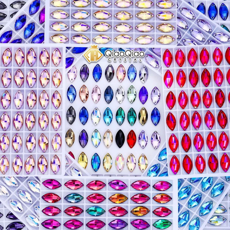 

QIAO NEW 43Colors Glass Navette Rhinestone Top Quality Flat Buckle Sewing Stones Flatback Sew on Rhinestones For Clothes Bags