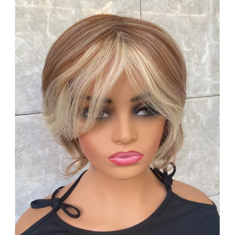 

Short Wavy Blonde Brown Mix Hair Blend Heat Ok Wigs Women Soft Natural