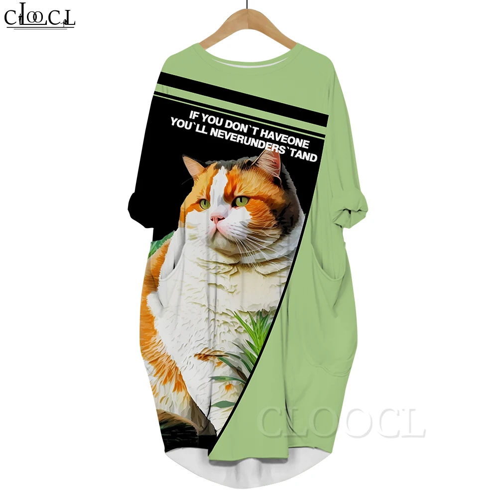 CLOOCL Fashion Women's Dresses Chubby Cat Play Guitar Graphic Printing Knee-Length Dress with Pockets Creative Design Dresses