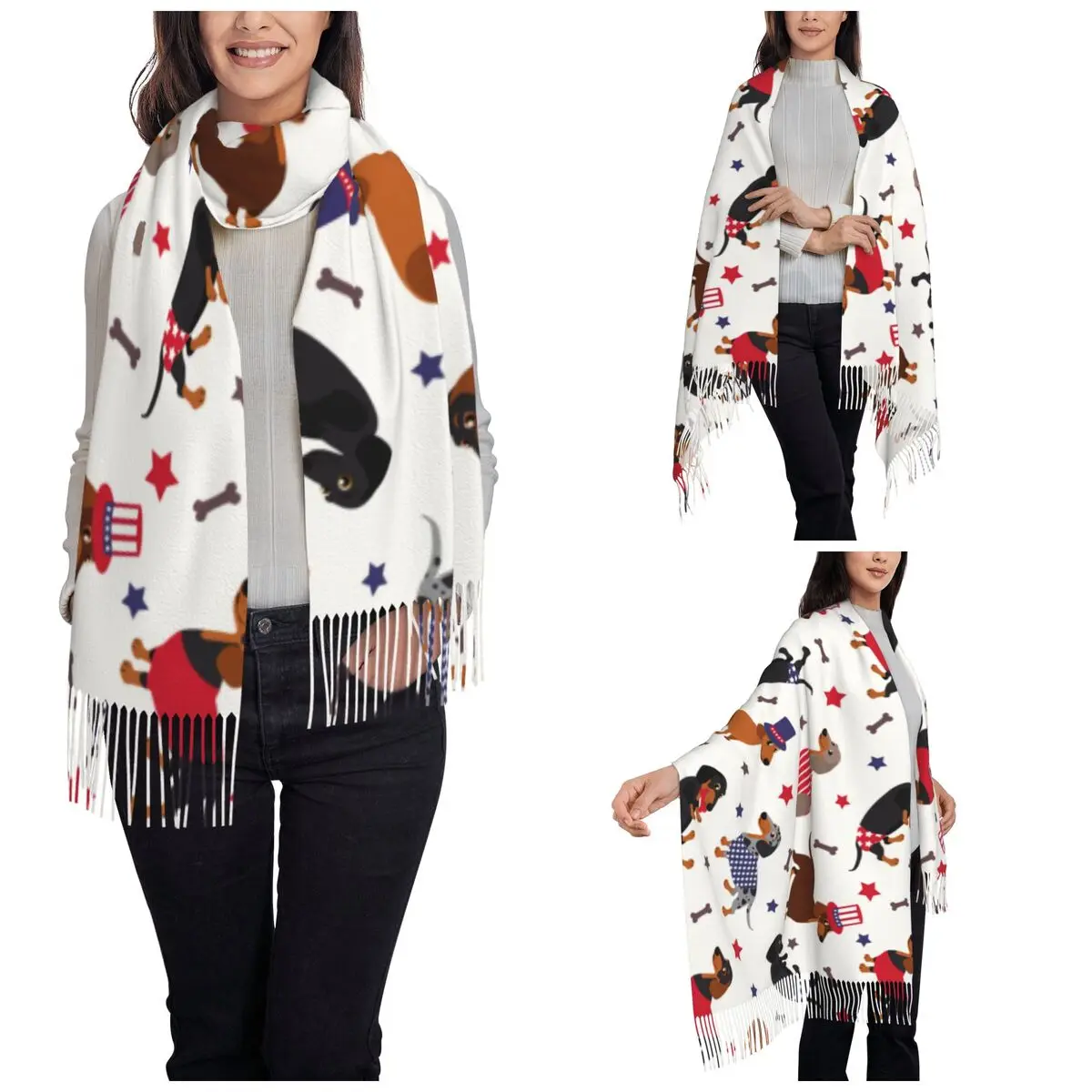 Patriotic Dachshund Shawl Wraps for Women Winter Long Soft Scarf Wiener Dog Cute Animal Pashmina Tassel Scarves