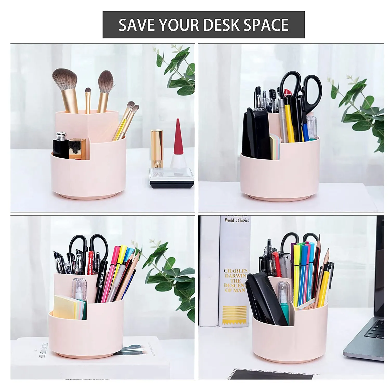 ที่ใส่ปากกาแบบหมุนได้อเนกประสงค์3ช่องสำหรับใส่ปากกาเครื่องเขียนถ้วยดินสอแบบหมุนได้อุปกรณ์จัดระเบียบปากกาสำหรับสำนักงานบ้านสีชมพู