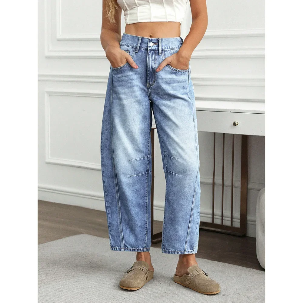 

Fashionable Casual Washed Wide Leg Jeans Women's Loose Fit Long Trousers Straight Cut Mid Waist from Mainland China