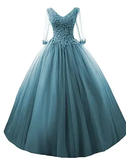 

Long Sleeves V-Neck Quinceanera Dresses 15 Years Tulle Full-Length Beads Puffly Debutante Gowns Charming Appliques Vestido De De