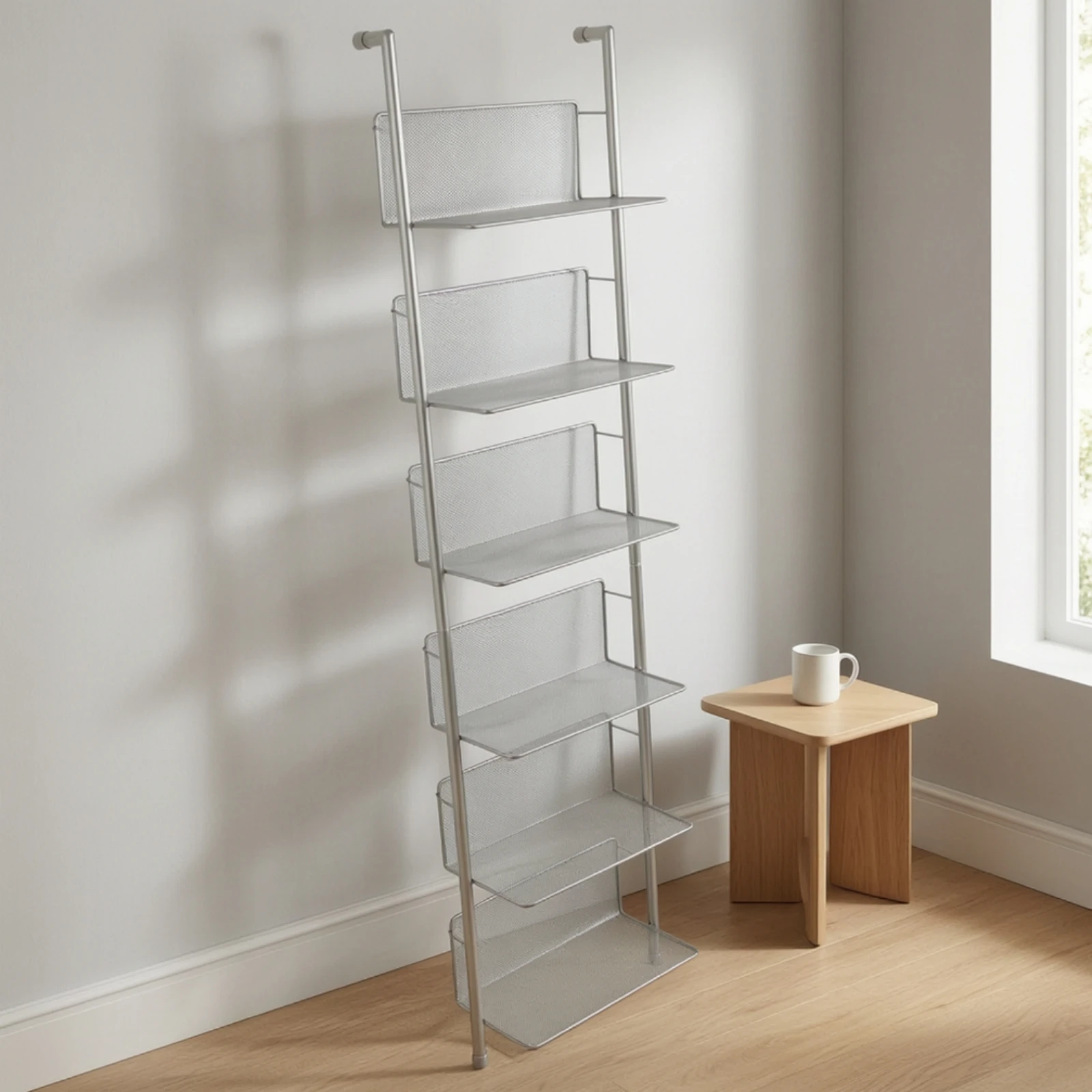 Metal Book Display Rack with Mesh Back Panels Versatile Slim Ladder Shelf with Open Shelving Ladder-Style Magazine Rack Compact
