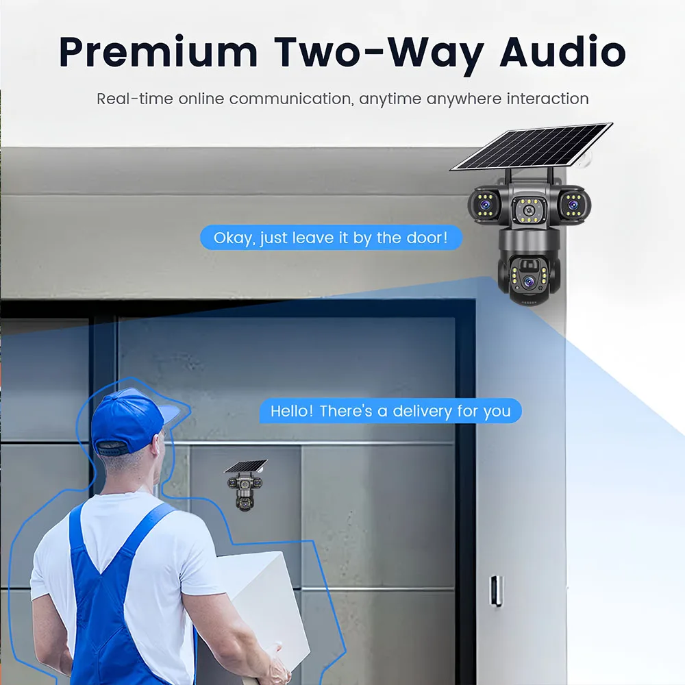 15MP كاميرا تعمل بالطاقة الشمسية ثلاثة عدسة الصوت في الهواء الطلق IP66 مقاوم للماء المدمج في بطارية الأمن CCTV HD 4G بطاقة SIM كاميرا شبكة مراقبة V380 Pro