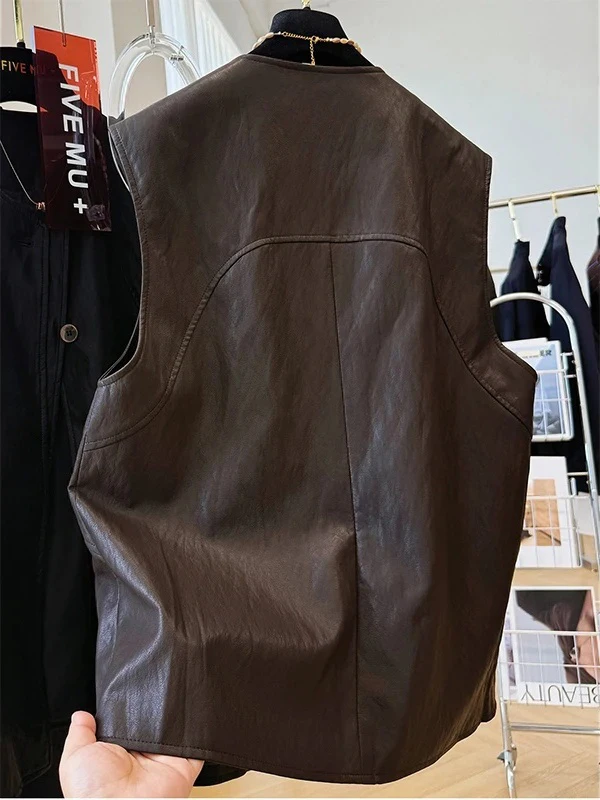 Kamizelka damska z ekoskóry PU w stylu retro, bardzo duża, luźna, z okrągłym dekoltem, z poduszkami na ramiona, płaszcz jesienno-zimowy, modny.