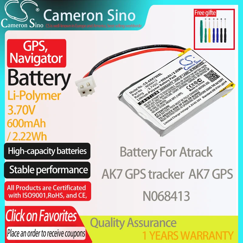 CameronSino Battery for Atrack AK7 GPS tracker AK7 GPS fits Atrack N068413 GPS, Navigator battery 600mAh/2.22Wh 3.70V Li-Polymer