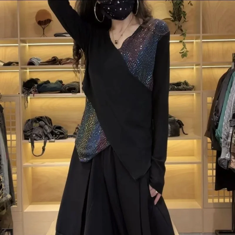 Ropa de mujer Vintage retales de lentejuelas diseño asimétrico camiseta elegante mujer Y2K moda Casual cuello en V manga larga Tops sueltos