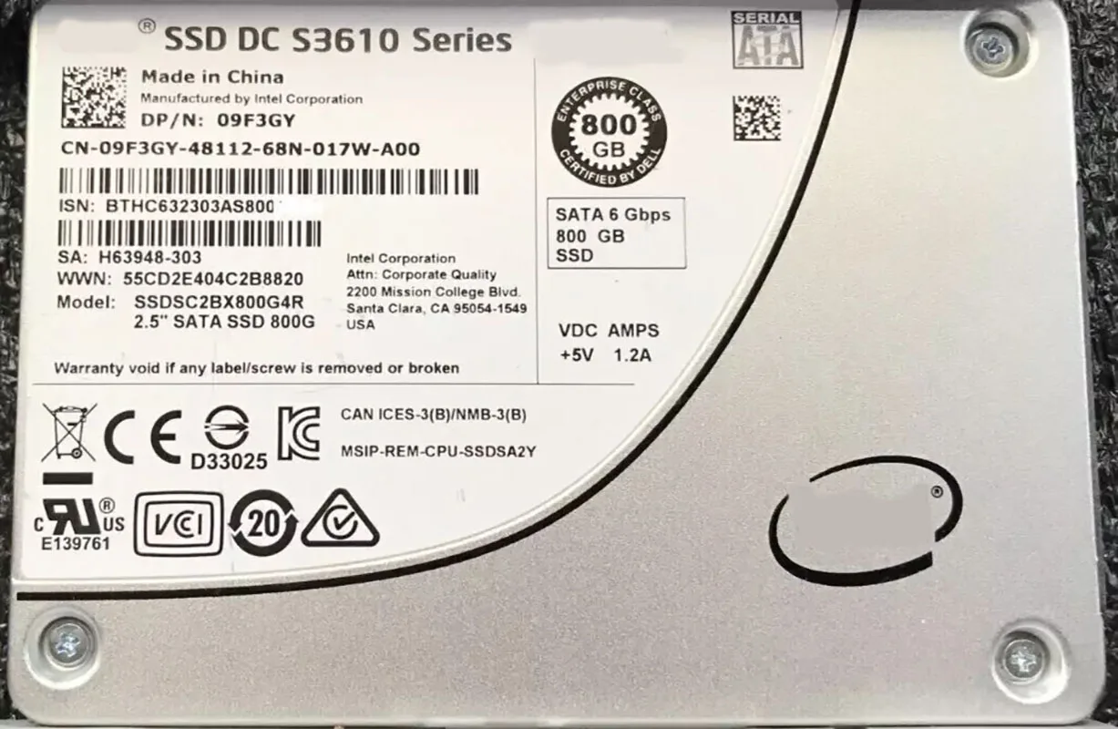 

09F3GY DELL /Intel DC S3610 Series SSDSC2BX800G4R 800GB 2.5 inch SATA3 SSD 9F3GY