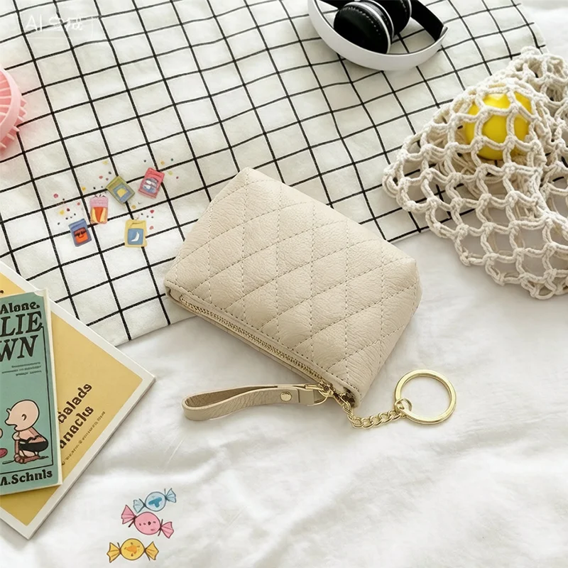 Mini Quilted Diamond Coin Purse for Women, Portable Keychain Zipper Wallet Storage Pouch