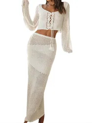 Women Two Piece Crochet Dress Set Long Sleeve Hollow Out Crop Top and Skirt Outfit Summer Beach Knitted Cover Ups