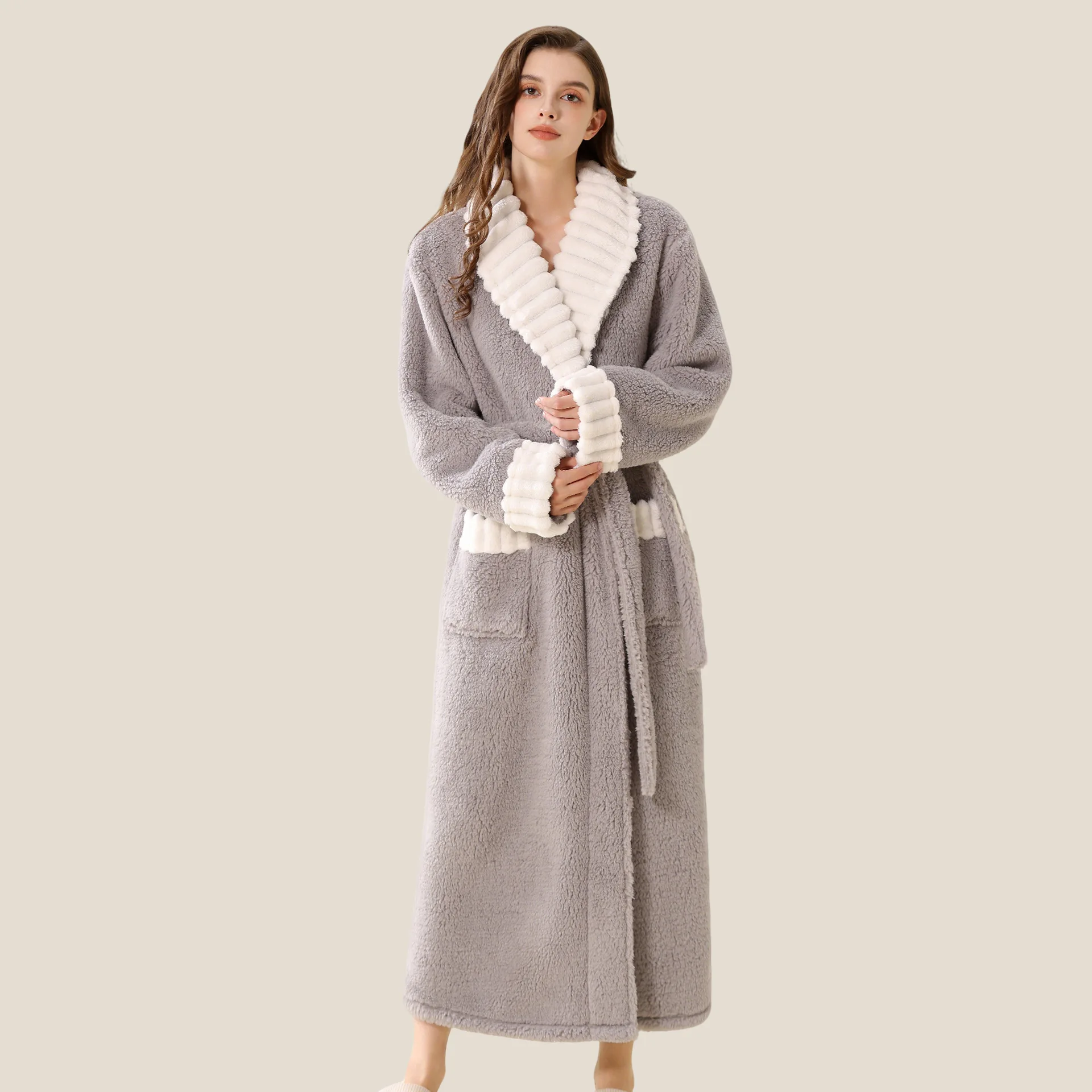 

New women's autumn and winter long coral fleece cross-border bathrobe, fleece thickened warm home wear