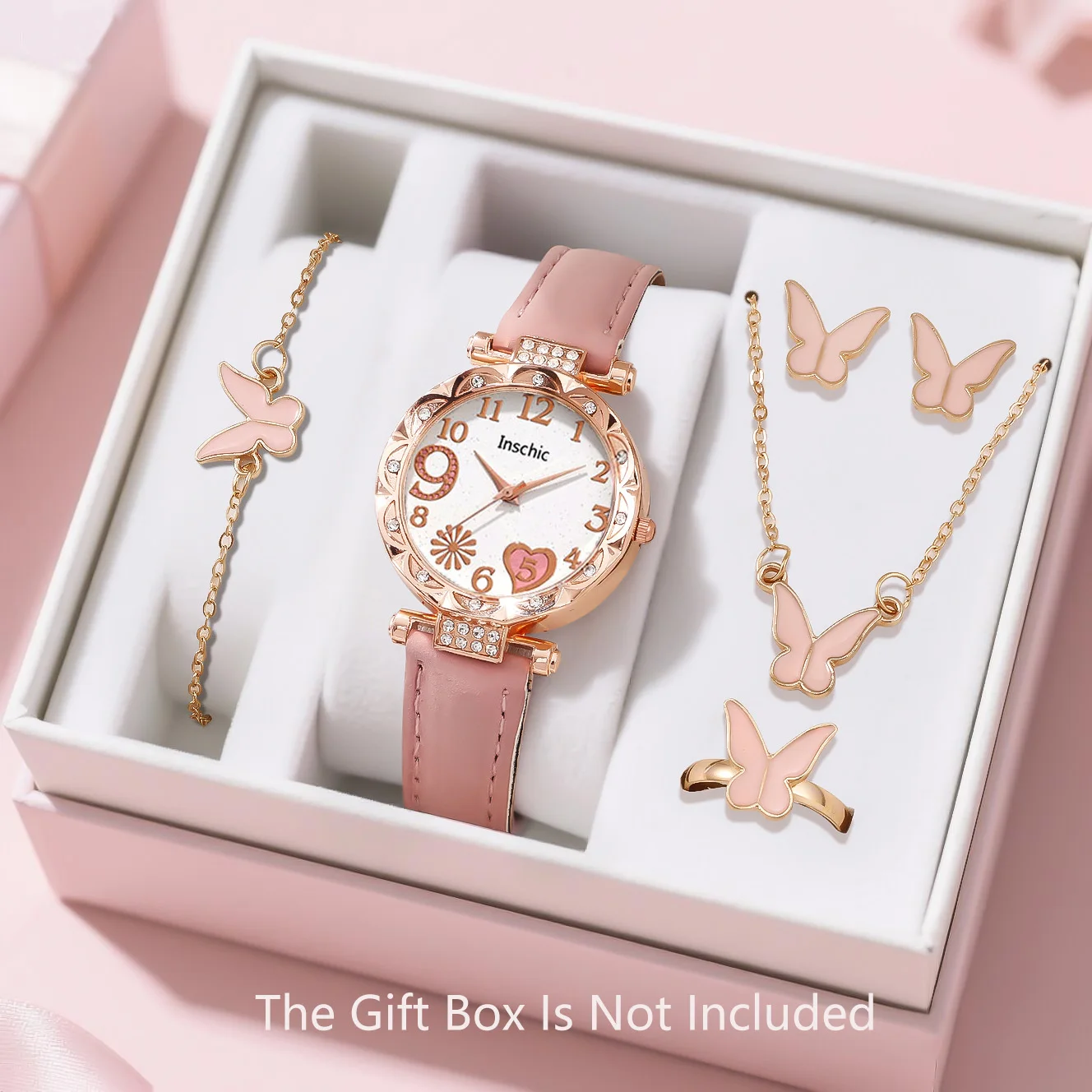 6PCS Elegant and Exquisite Women's Quartz Watches with Butterfly Necklace, Earrings, Bracelet Accessories Set