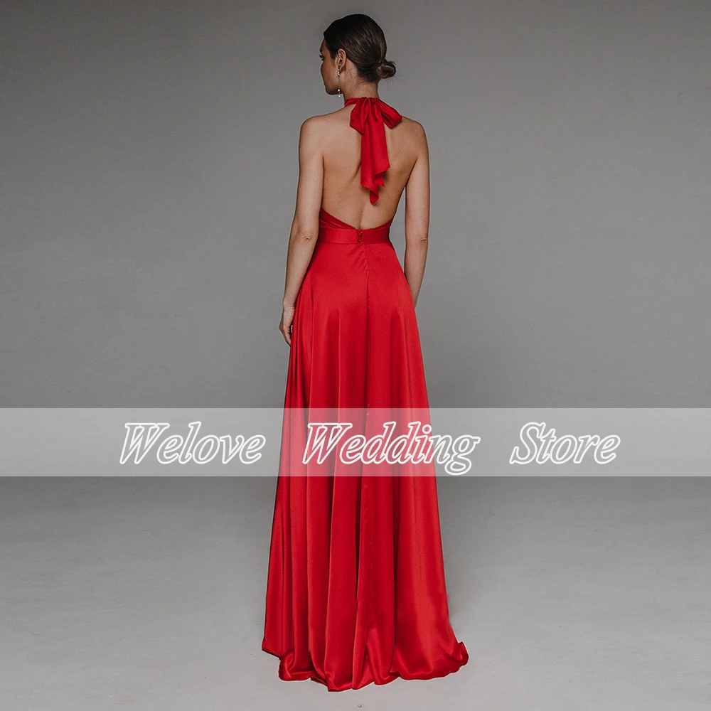 Elegant Backless Prom Dress Halter Sweep Train Simple Mono Evening Party Gown For Woman Sleeveless Vestido De Noche 2024 New