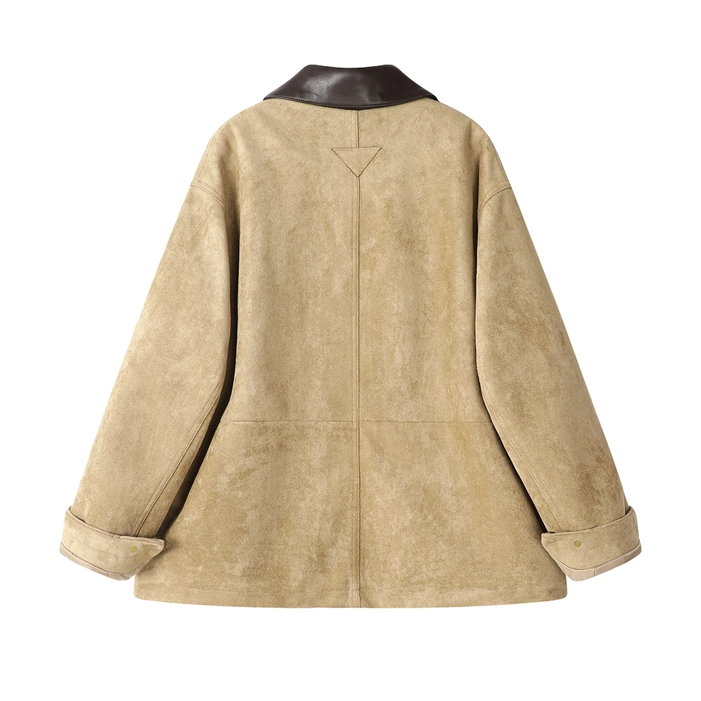 سترة نسائية من جلد الغزال مع بطانة شيرلينغ صناعية كبيرة الحجم معاطف شتوية 2024 ملابس خارجية جديدة من الصوف الدافئ طراز عتيق