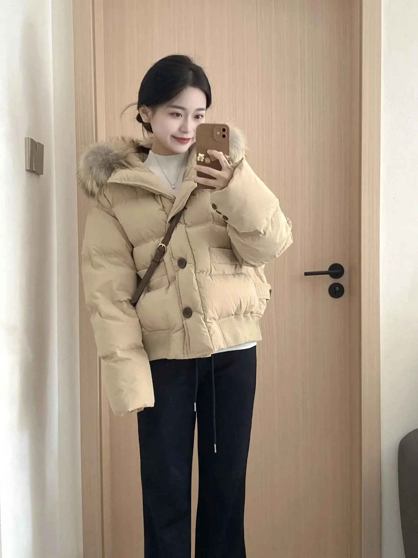 

Khaki ort Puffer Jaet Women's Thiened Warm Cotton Coat with Large Fur Collar Autumn Winter Small Size Korean Sle