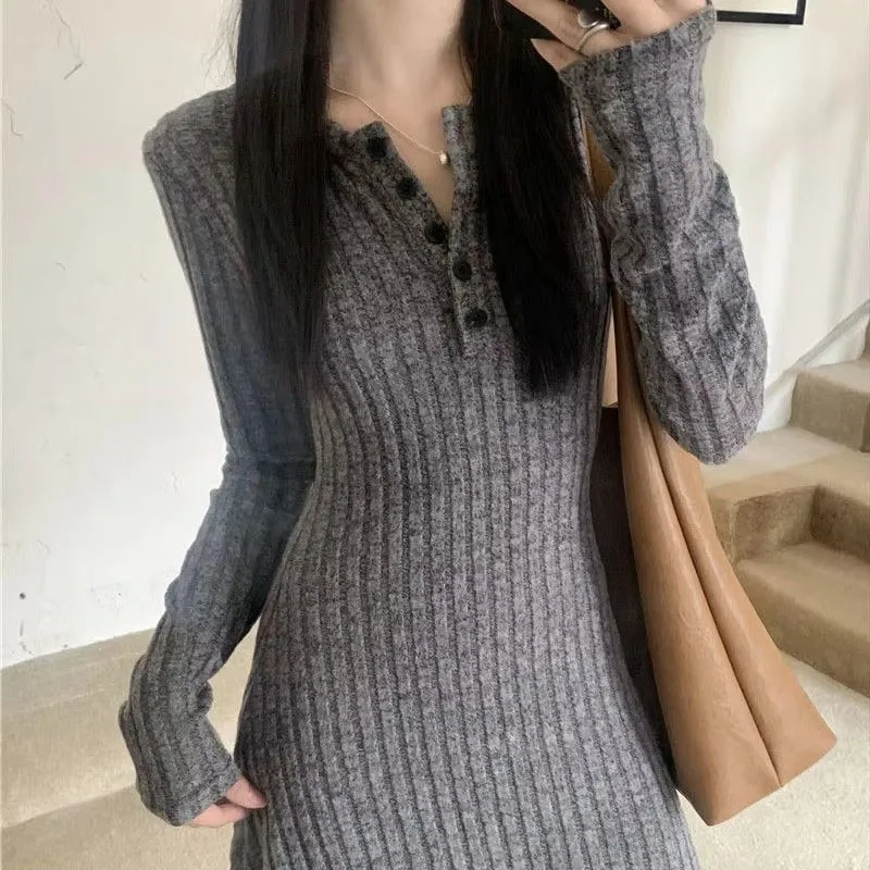 Autumn Winter Knitting Dresses Women Y2K Korean Fashion Long Sleeve Slim A-Line Dress Ladies Elegant Button-Up Party Midi Dress