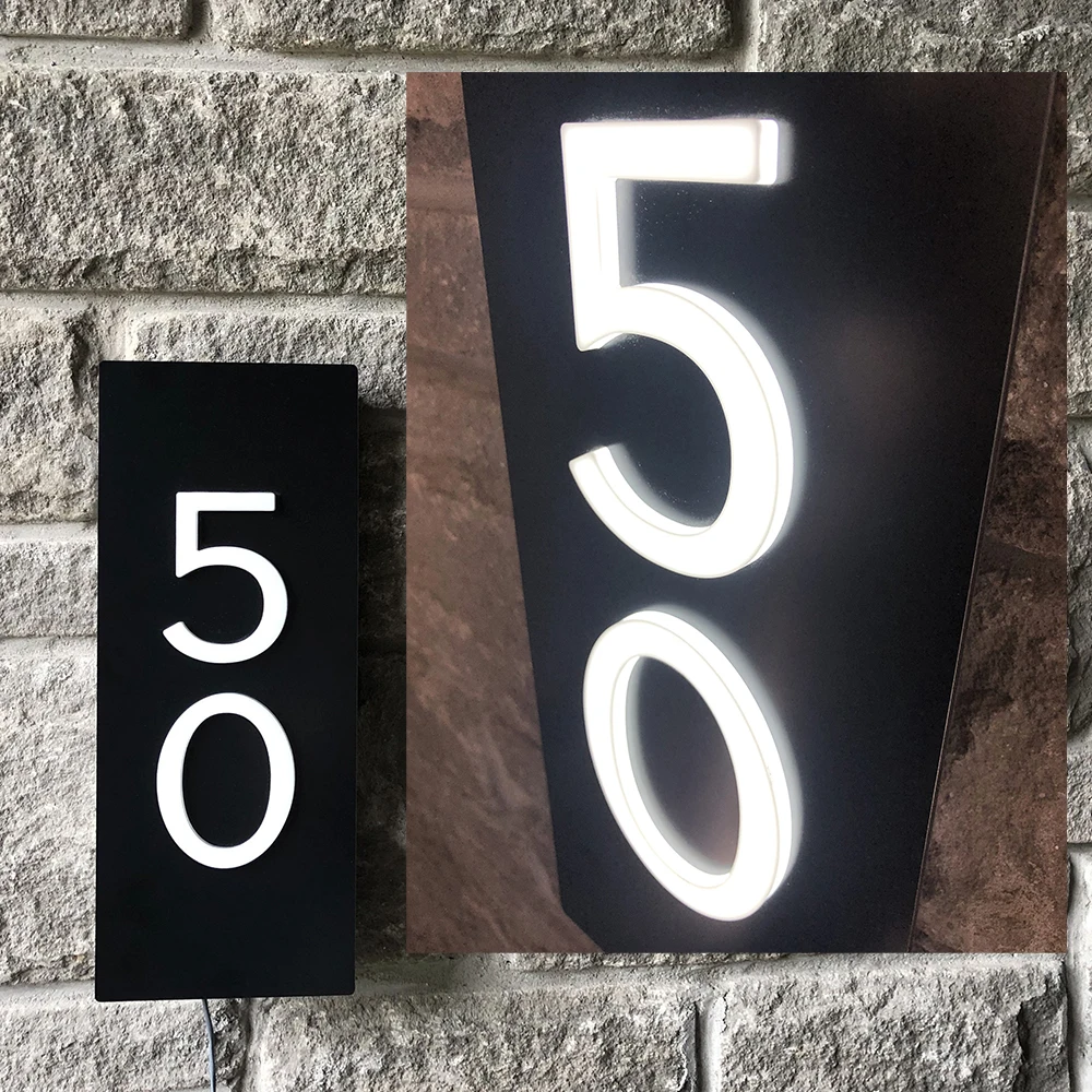 Matte black and white aluminum House numbers Sign Plaque Custom LED light 3D Letter OutDoor Wall Decor Illuminated Address Plate