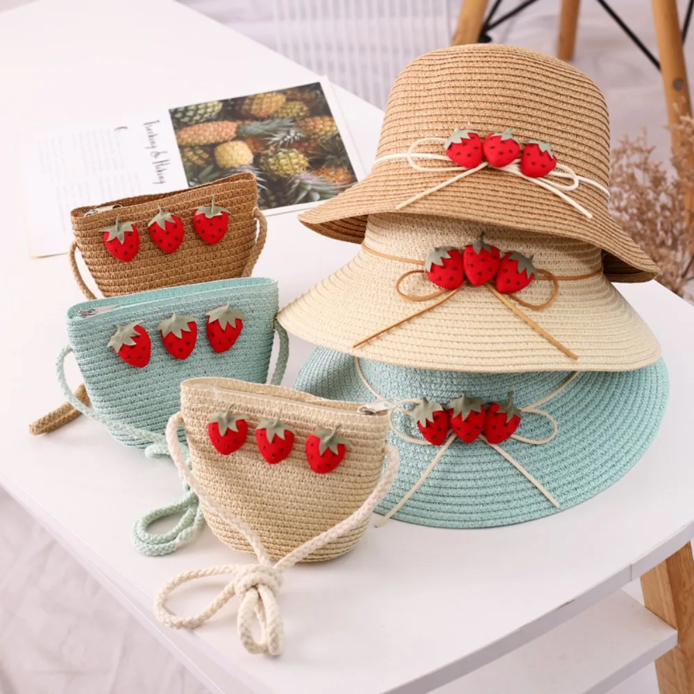 

UV Protection Beach Hat Portable Strawberry Breathable Shoulder Bags Wide Brim Child Straw Hat Kids