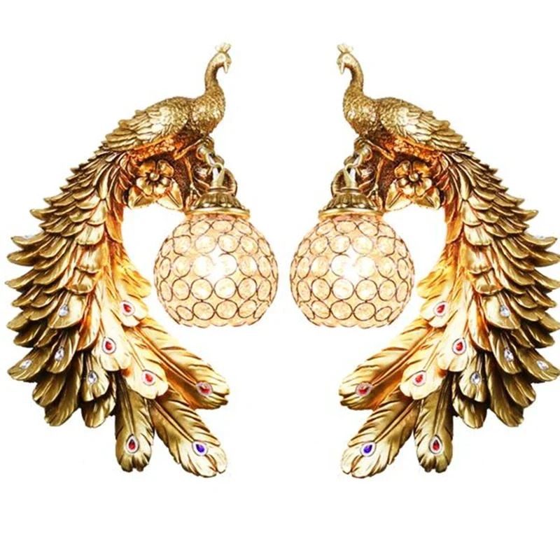 

Modern Twins Peacock LED Wall Lamp Creative Colorful Gold White Wall Light Crystal Metal For Corridor wall decor