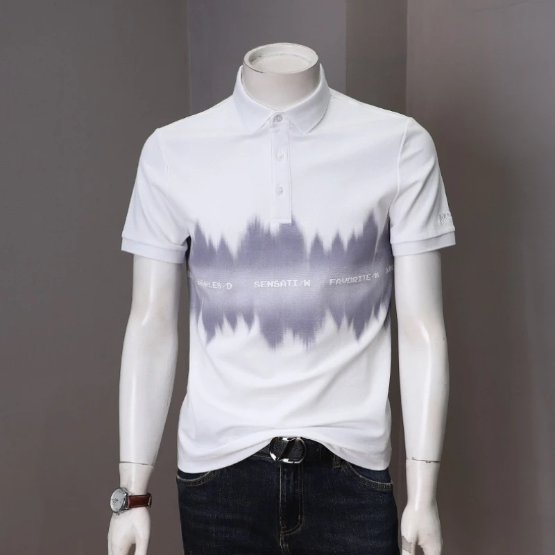 

Мужская рубашка-поло с коротким рукавом, летняя модная футболка с принтом и отложным воротником, повседневная деловая одежда, приталенный крой, для молодых мужчин