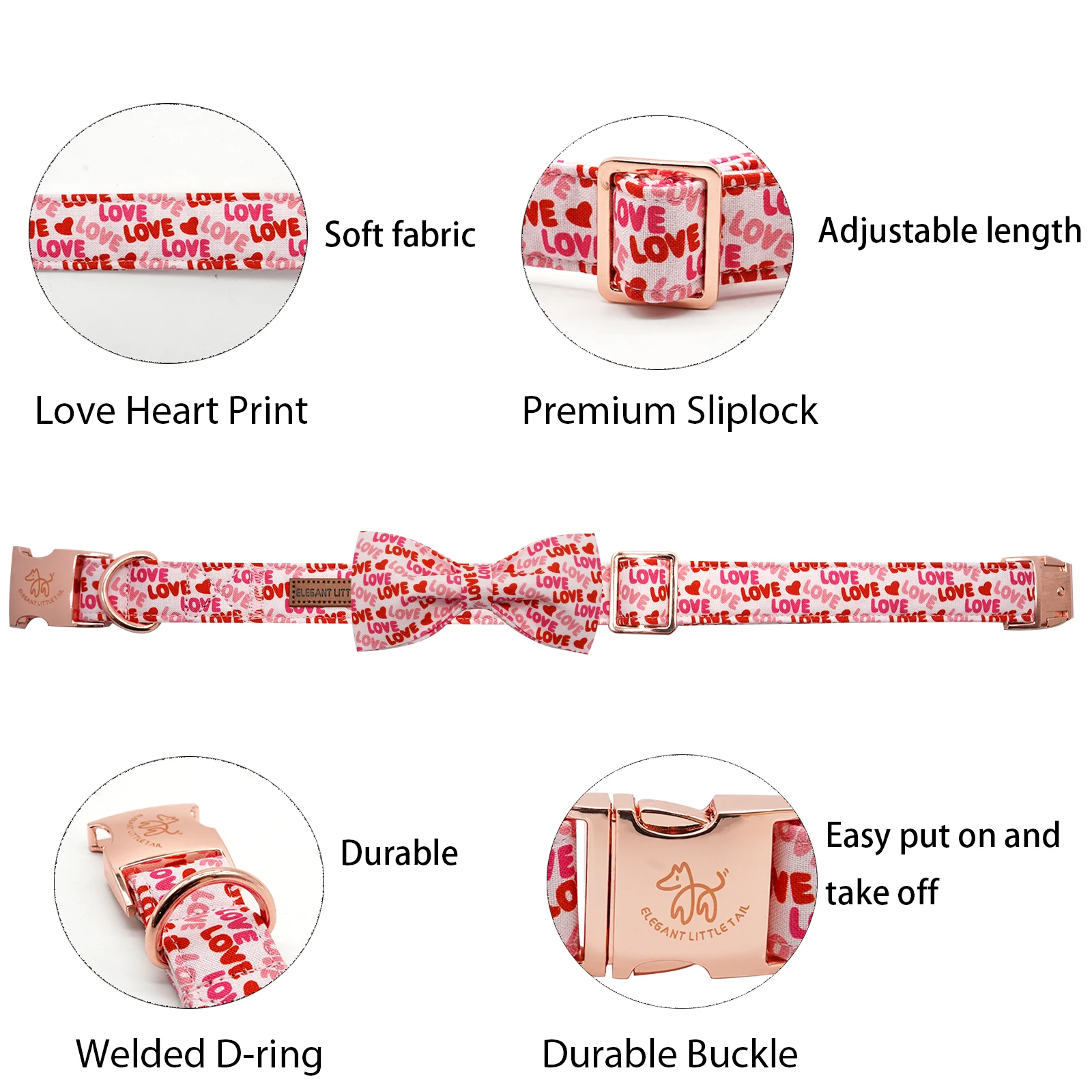 Elegant little tail Valentine's Day Dog Collar Valentine's Day Dog Collar with Bow Heart Dog Collar Cute Girl or Boy Dog Collar