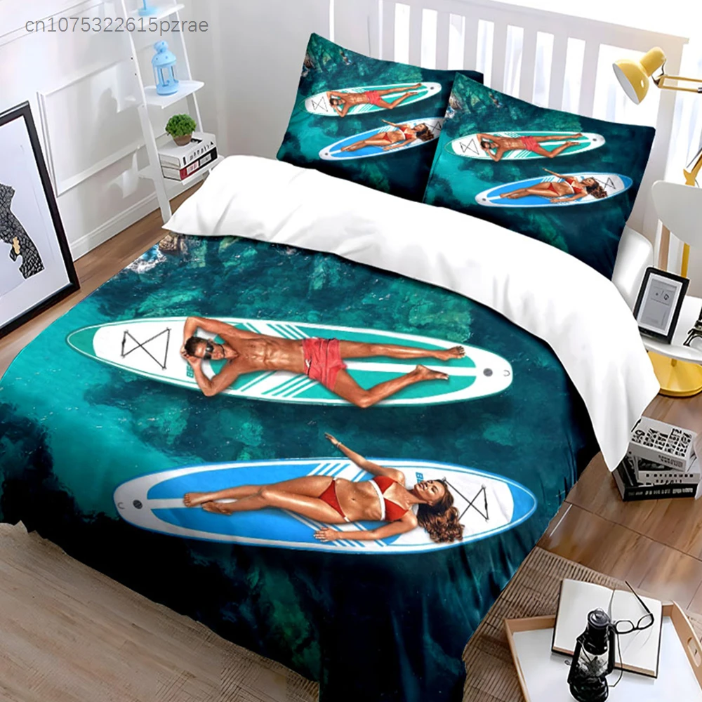 3Pcs Summer Surfing Bedding Set, Couple On SUP Board Print Duvet Cover Set, Ocean Tropical Pattern, Soft For Beach Lovers