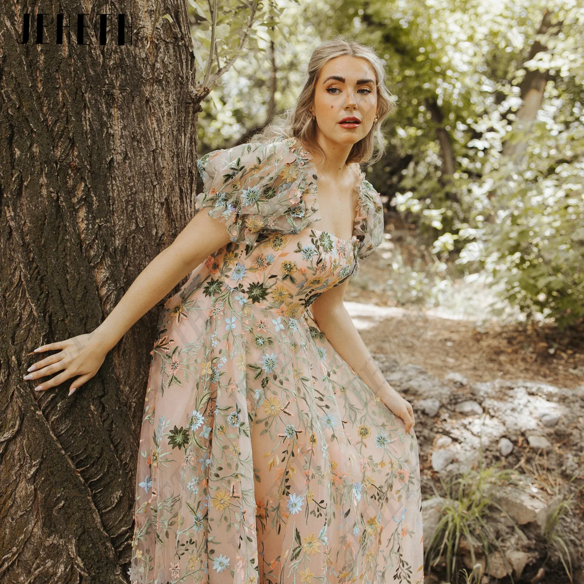 JEHETH Embroidery Lace Evening Party Gowns Square Collar Flowers Corset Prom Dress Puff Sleeve vestidos de ocasião Customized