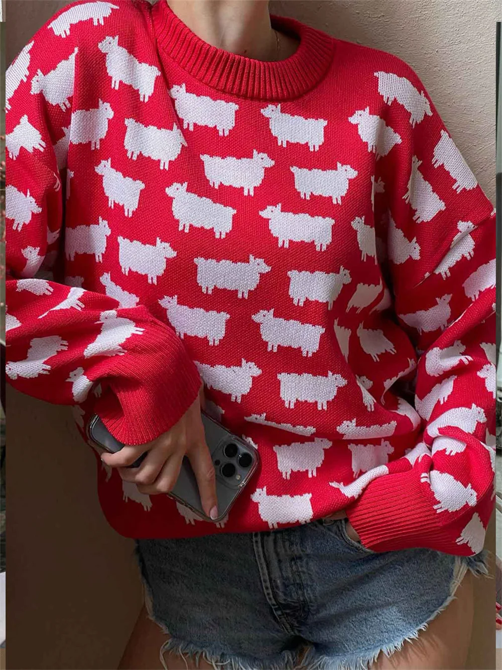 Women Loose Cartoon Sheep Sweater 2024 Autumn Winter O Neck Long Sleeve Pullover Casual Tops Female Knitted Sweater