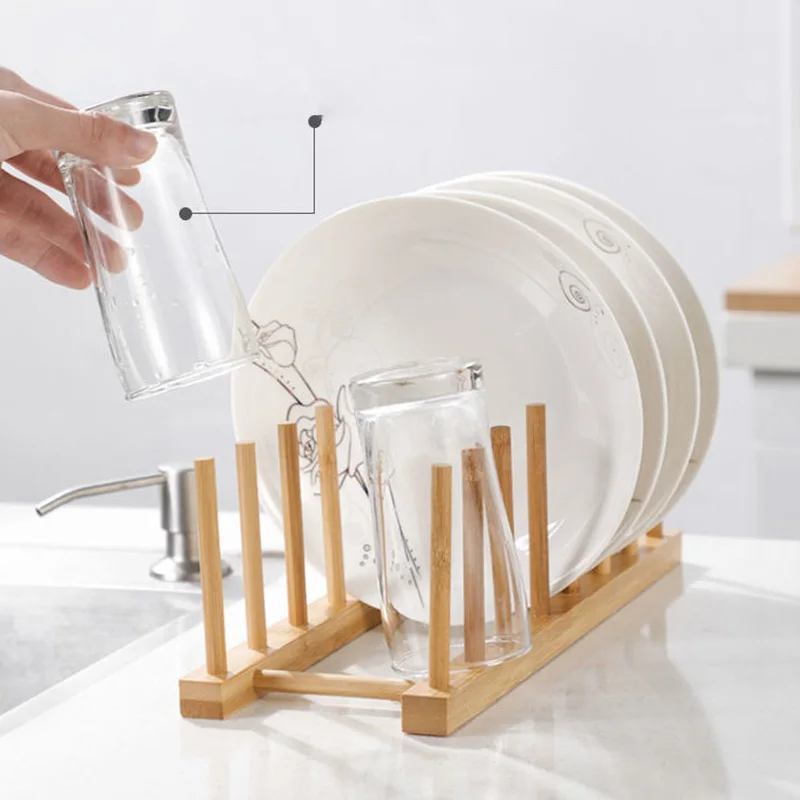 Teller-Aufbewahrungsregal, multifunktionales Geschirrregal aus Holz für Tassen, Töpfe, Topfdeckel, Abflusshalter, Küchen-Organizer, Regal, Aufbewahrungsbehälter – Detail 6
