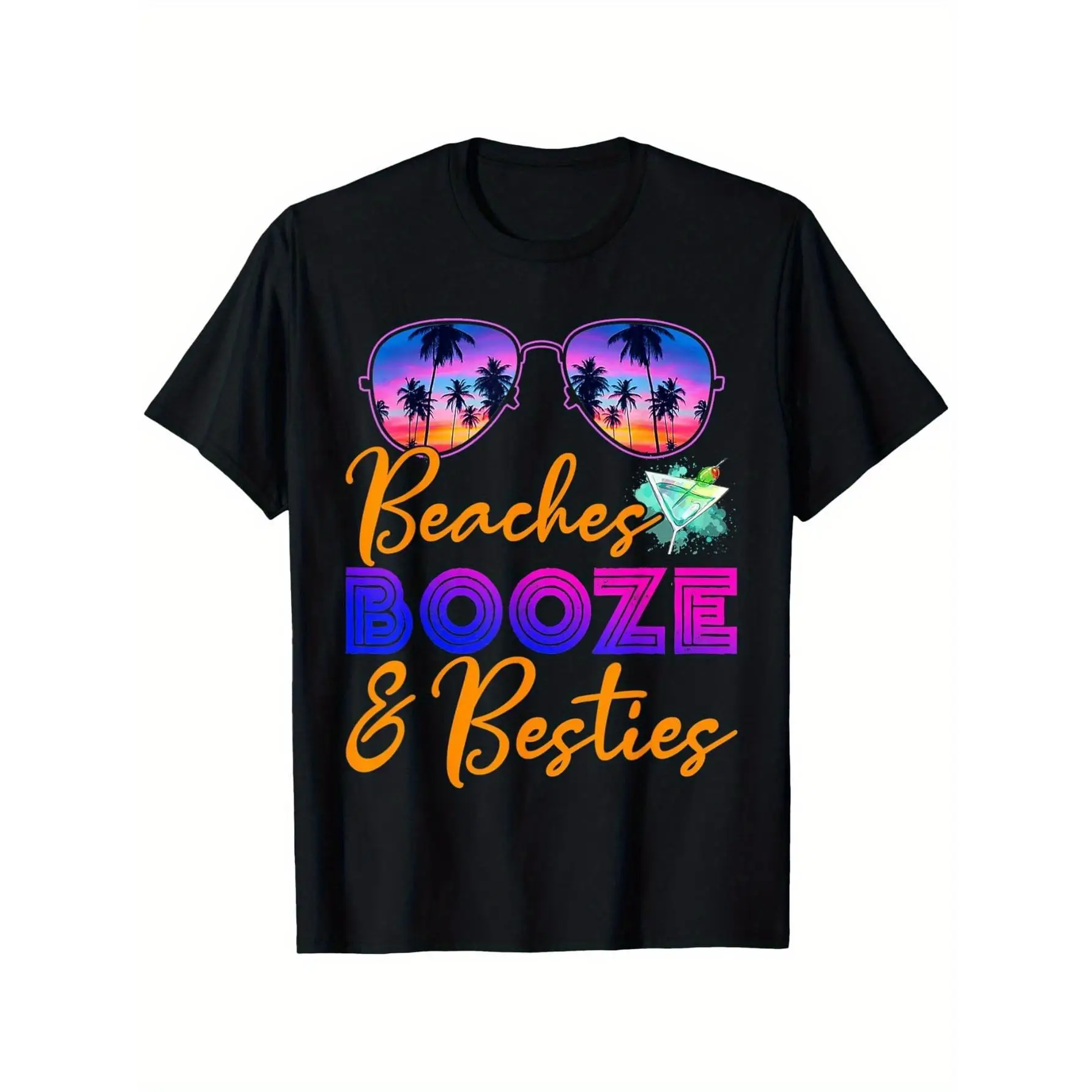 

Beaches Booze & Besties Graphic T-Shirt Women’s Summer Vacation Cotton Tee for Girls Trip, Pool Party or Gift Idea