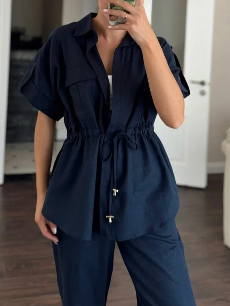 ฤดูร้อนใหม่สีทึบชุดลําลองแฟชั่นผู้หญิง Workwear สไตล์กระเป๋าสตางค์อารมณ์เดินทาง 2 ชิ้นชุด