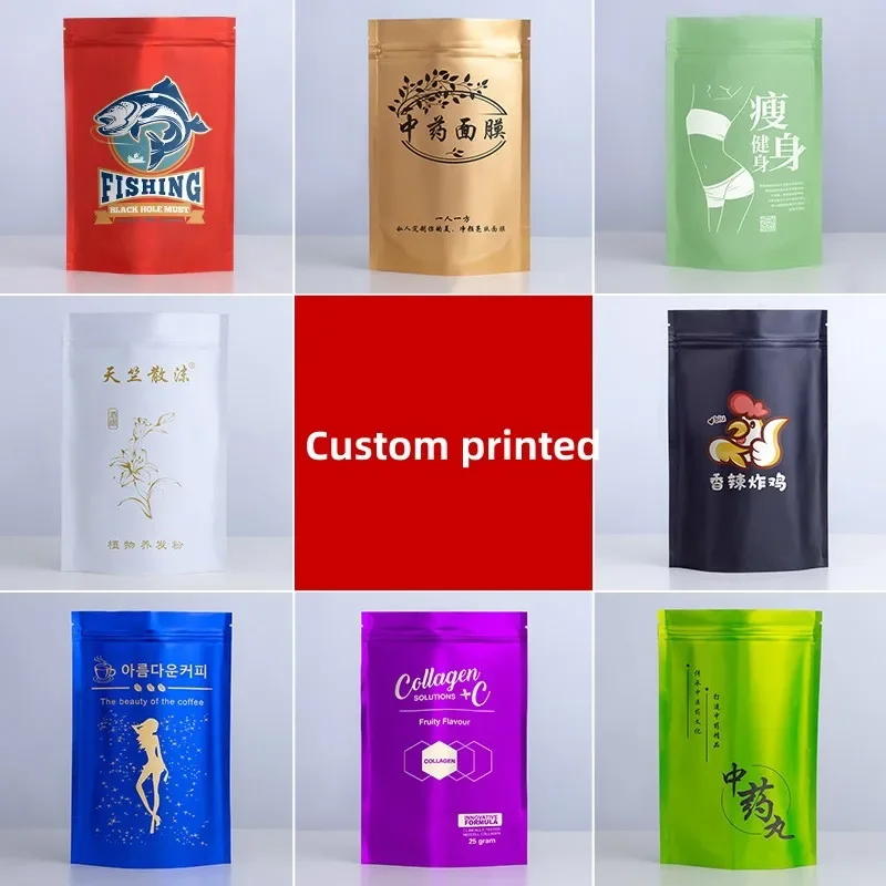 100pcs Customized Heat Resistance Plastic Sealable Aluminum Foil Stand Up Food Goods Custom Tea Packaging Closure Mylar Bags