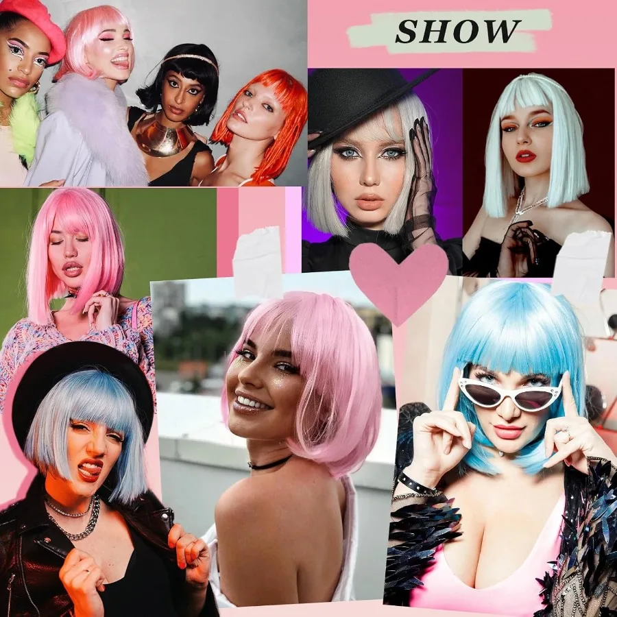 شعر مستعار قصير أسود مستقيم مع غرة للنساء بوب طول الكتف ألياف صناعية مقاومة للحرارة لاستبدال الشعر