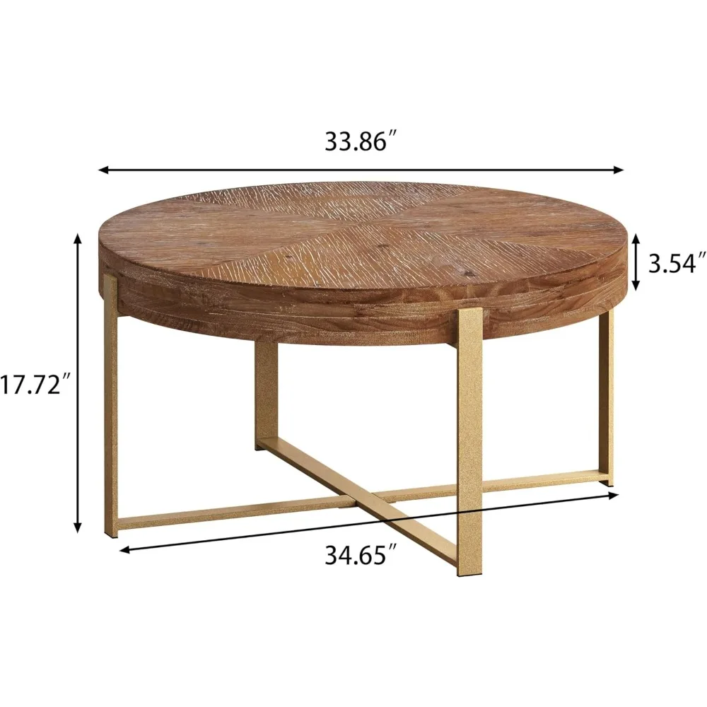 Table basse ronde d'épissure rétro moderne de 33,86 pouces, plateau de table en bois de sapin avec base de pieds croisés dorés