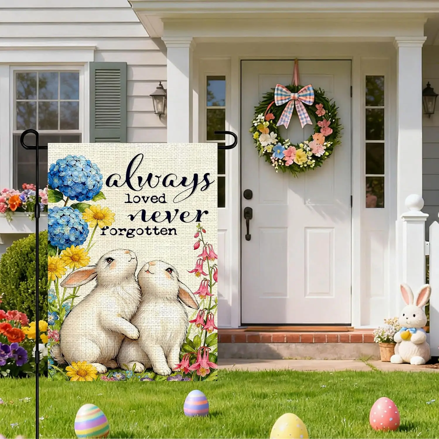 IVN Happy Easter Garden Flag 12 x 18 Inch Double Sided Burlap Bunny Flags Hydrangea Bunnies Always Loved Never Forgotten Spr PPM