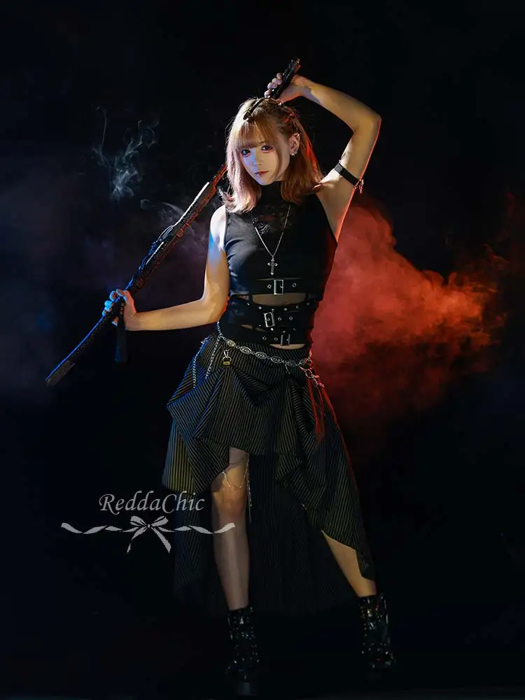 REDDACHiC Lace Hollow Sleeveless Top Skirt Women Set Goth Black Stripe Bustle Skirt Belt Tank Top Grunge Music Festival Outfits image 4