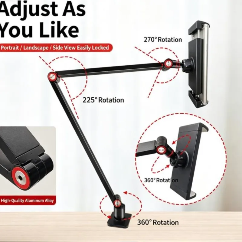 360° Adjustable Tablet Phone Stand Rotatable Long Arm Metal Holder for iPad iPhone Xiaomi Huawei Samsung 4-11 Inch New 2026
