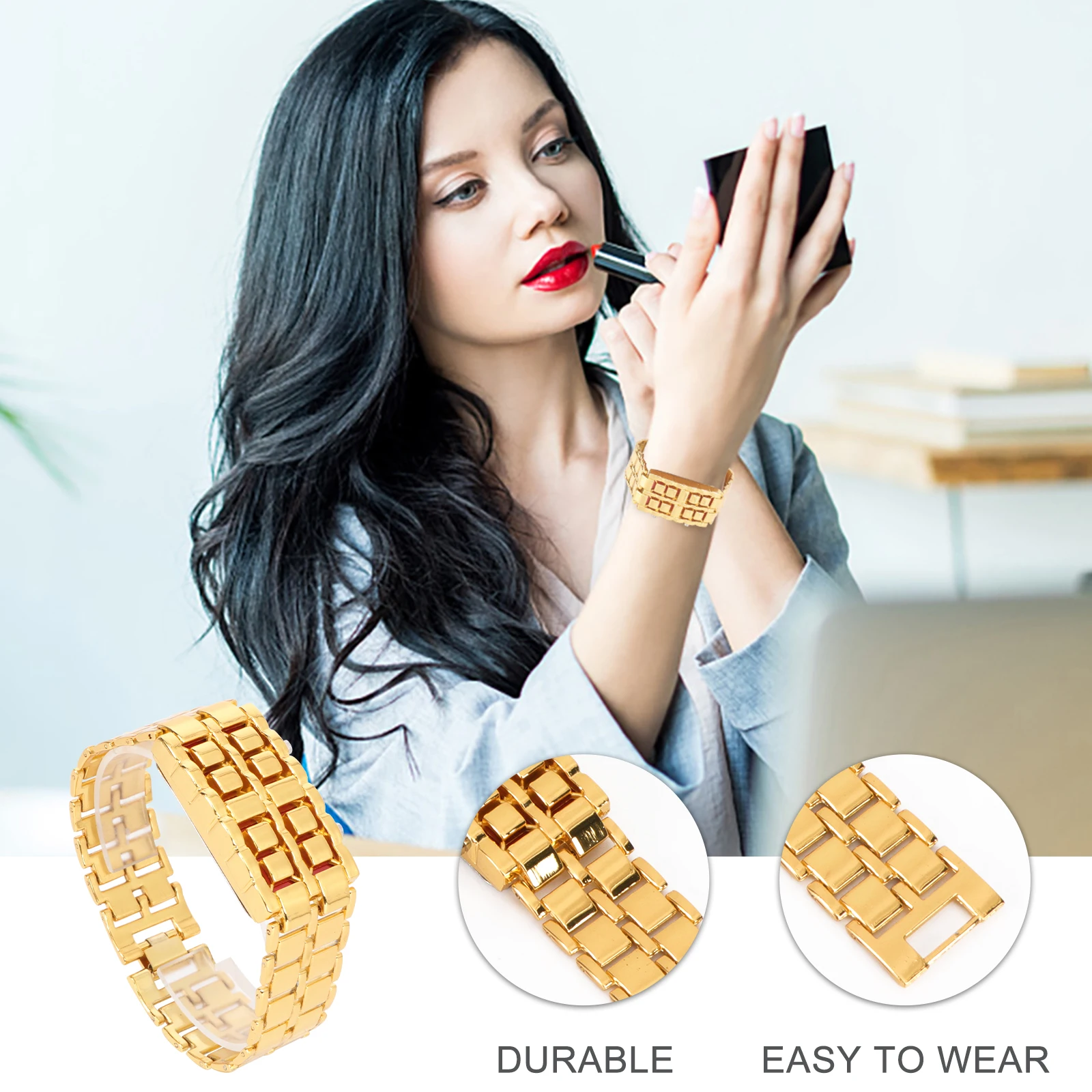 

Stylish Digital Wrist Watch Golden Stainless Steel Bracelet Red LED Display Time Date Comfortable Durable Wear