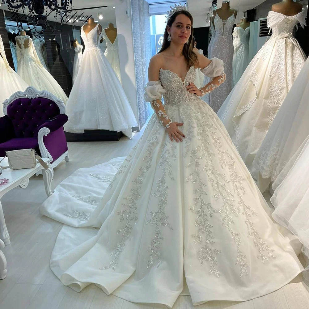 

Lceland Poppy A Line Strapless Wedding Dresses Luxury Long Sleeves Crystal Beaded Bridal Gowns with Chapel Train