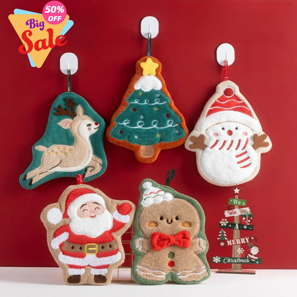 

Christmas Hand Towels Handkerchief Xmas Santa Claus Xmas Tree Shape Hanging Hand Towel for Kitchen Bathroom Absorbent Hand Towel