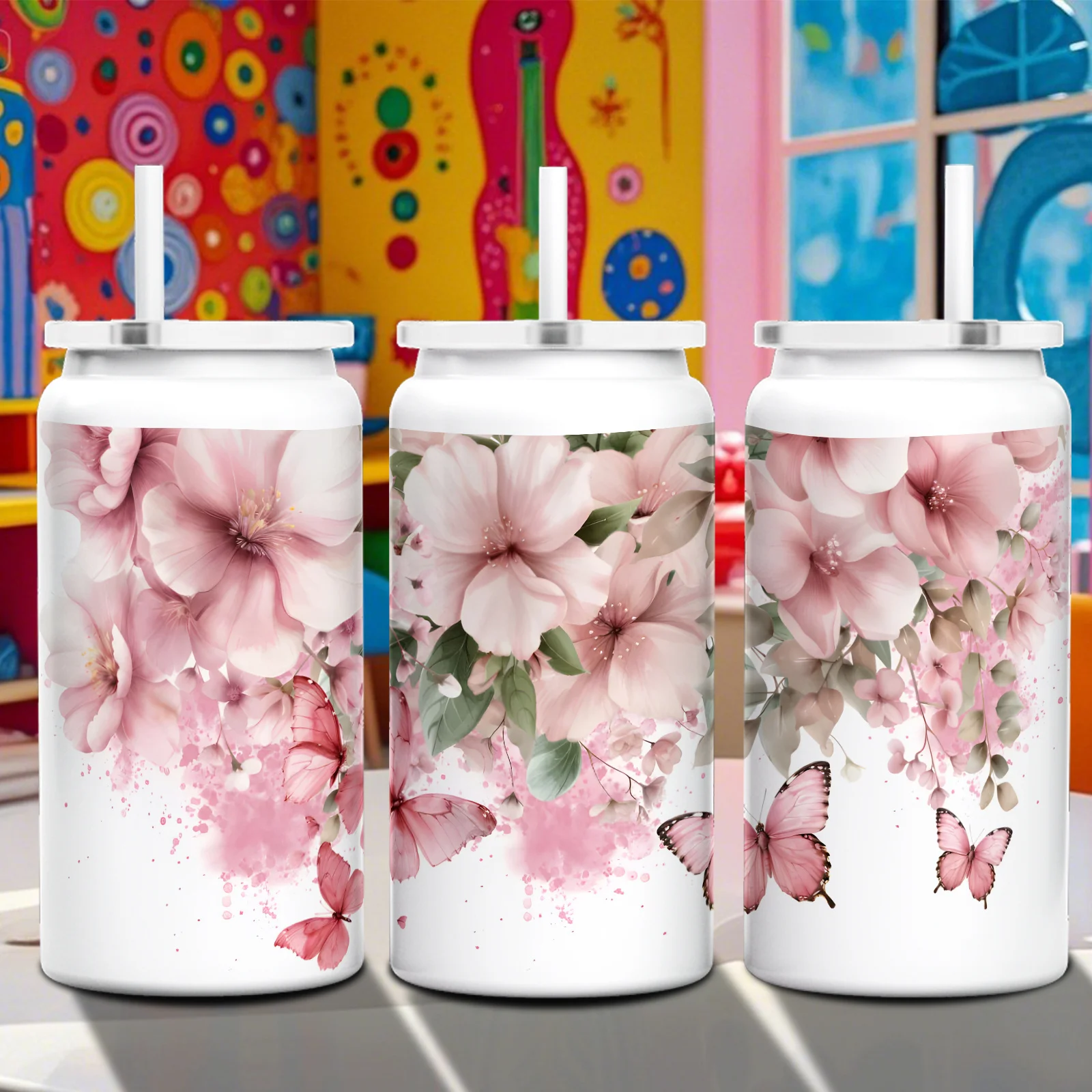 1pc of a 16Oz/40Oz Pink Floral Butterfly Tumbler Featuring a Handle And Straw, a Stylish Double-Walled Vacuum Insulated Stainless Steel Travel Coffee Mug with a Lid, Designed to Fit in Cup Holders