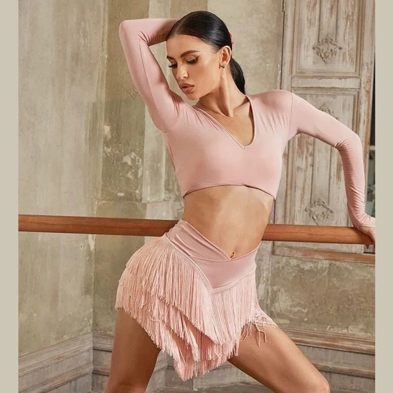 ผู้หญิงเต้นรําละตินกระโปรงผู้ใหญ่ Tango Cha Cha Latin Dance กระโปรง Professional Practice กระโปรงเซ็กซี่สามชั้นพู่ V ครึ่งกระโปรง