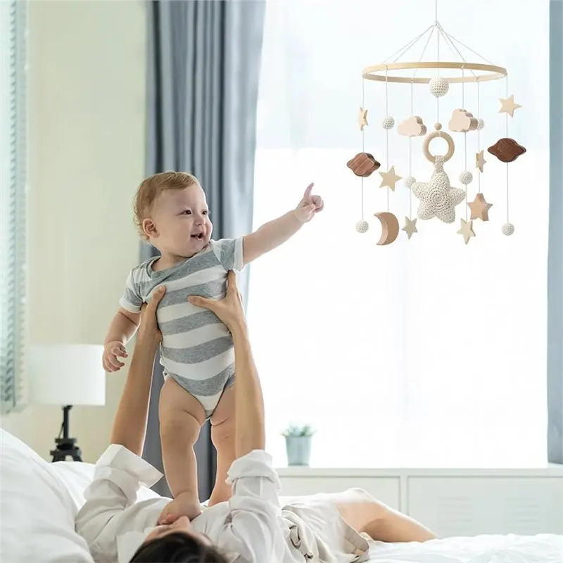 BAAR-Baby Crib Wall Hanging Mobile Starry Sky Design, Simple Baby Room Decoration, Wooden Wind Chime Ornament