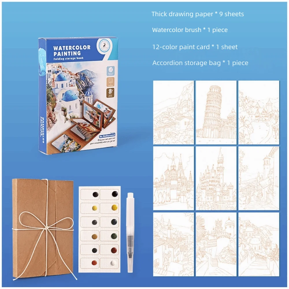 

12 Colors Solid Pigment Watercolor Painting Book Thick Organ Folding Watercolor Book Kraft Paper Painting Book with Pen